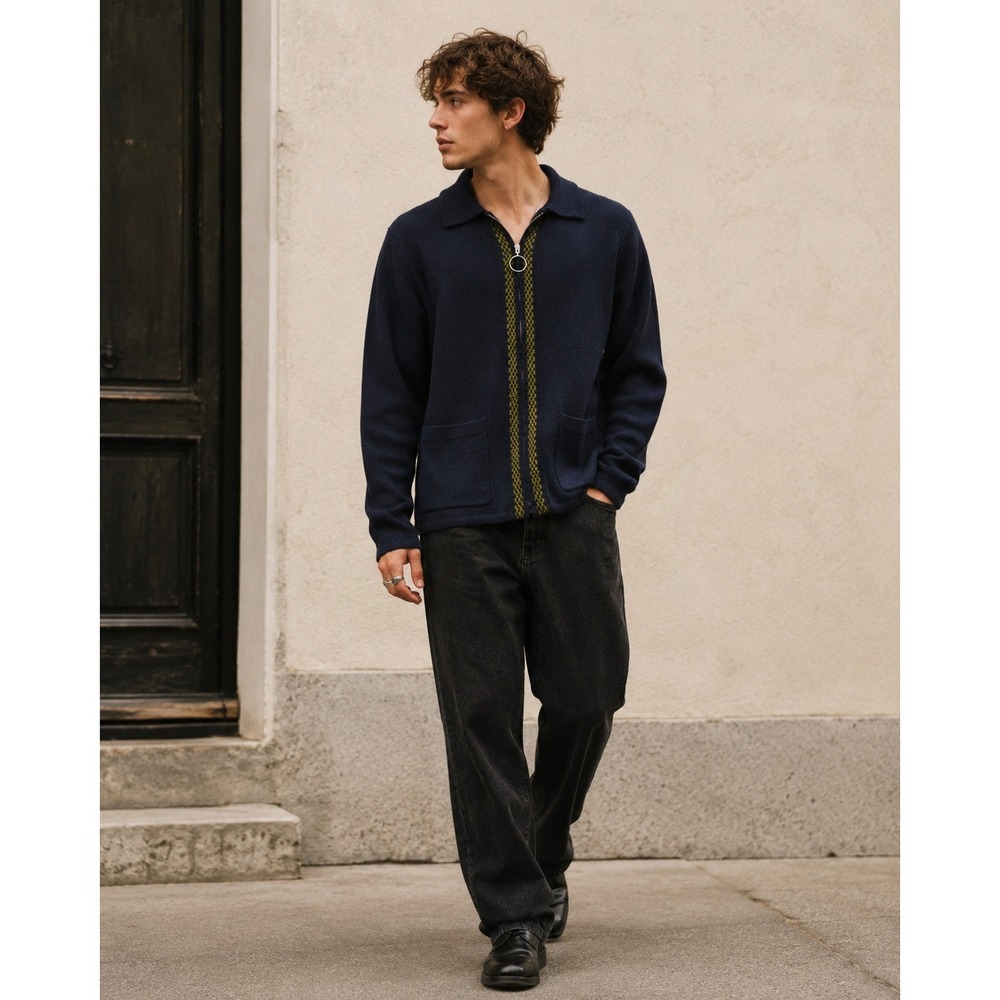 Urban Outfitters Full-Zip Ribbed Knit Sweater Navy L Indie Sleaze